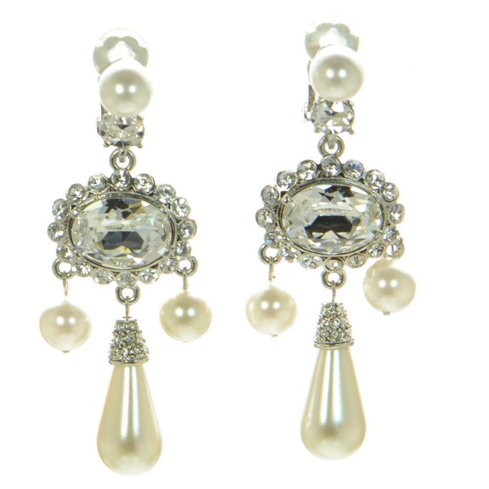 100% Authentic! Oscar de la Renta Crystal & Faux Pearl drop Earrings - Picture 1 of 9